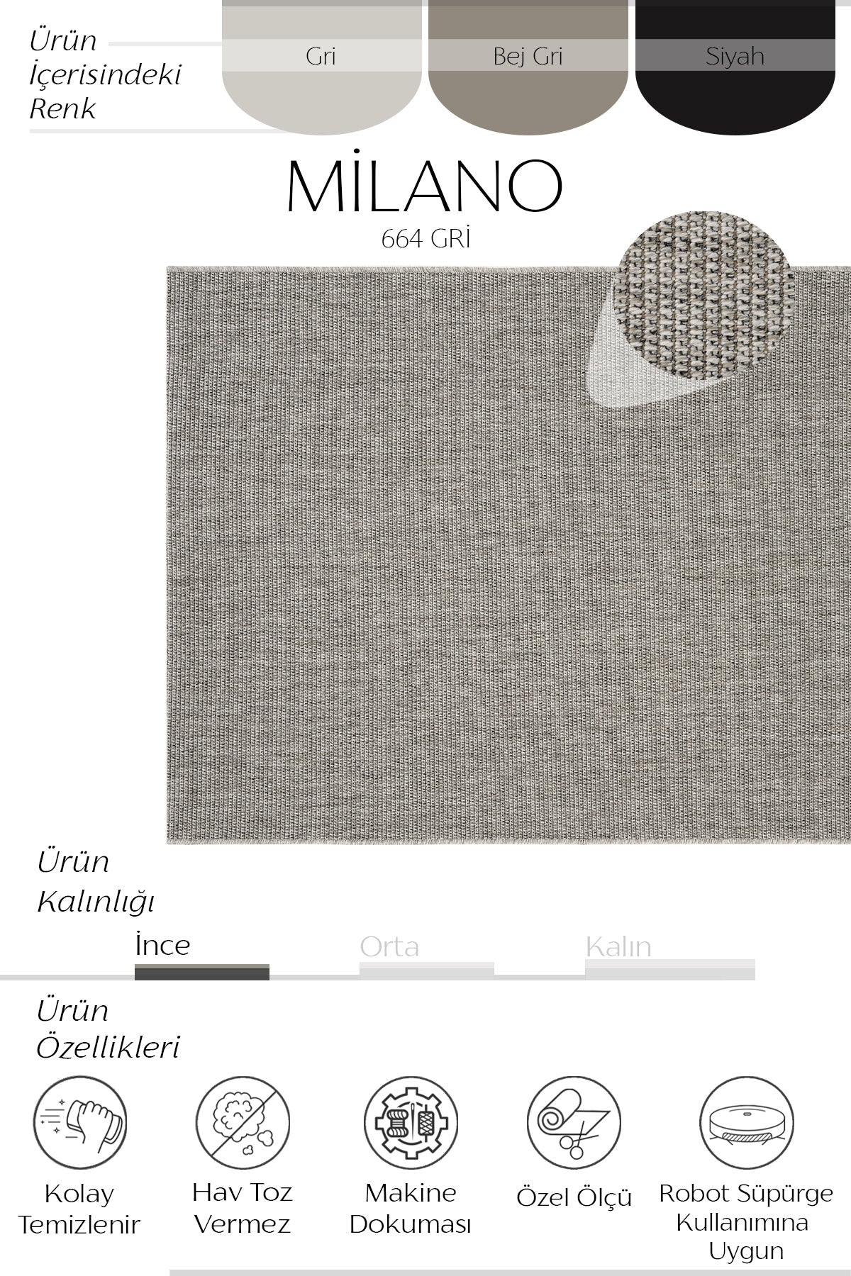 Sisalart Milano 664 Gri Sisal Katlama Halı ikinci görsel