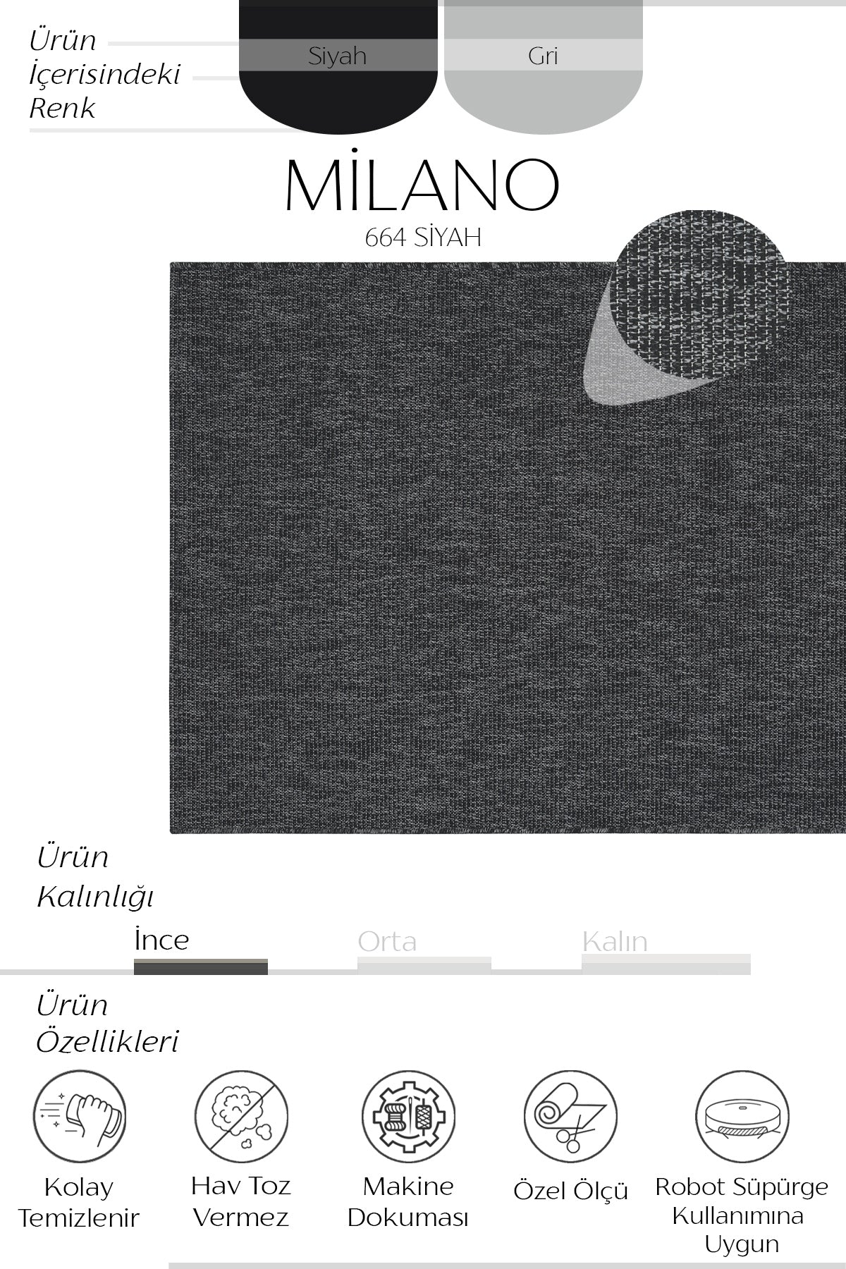 Sisalart Milano 664 Siyah Sisal Katlama Halı ikinci görsel