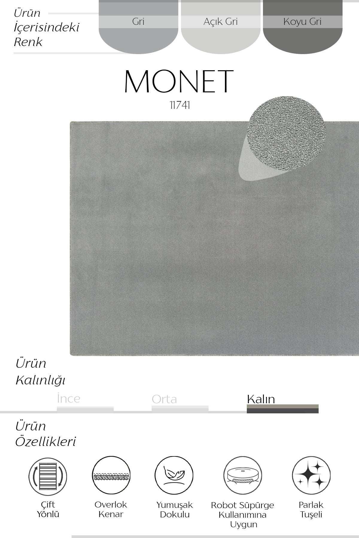 Sisalart Monet 11741 Gri Sade Halı ikinci görsel