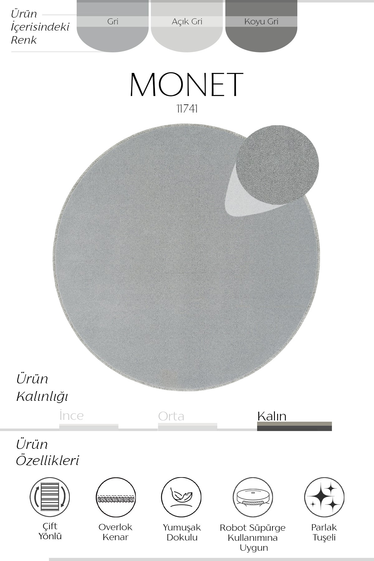 Sisalart Monet 11741 Gri Sade Yuvarlak Halı ikinci görsel