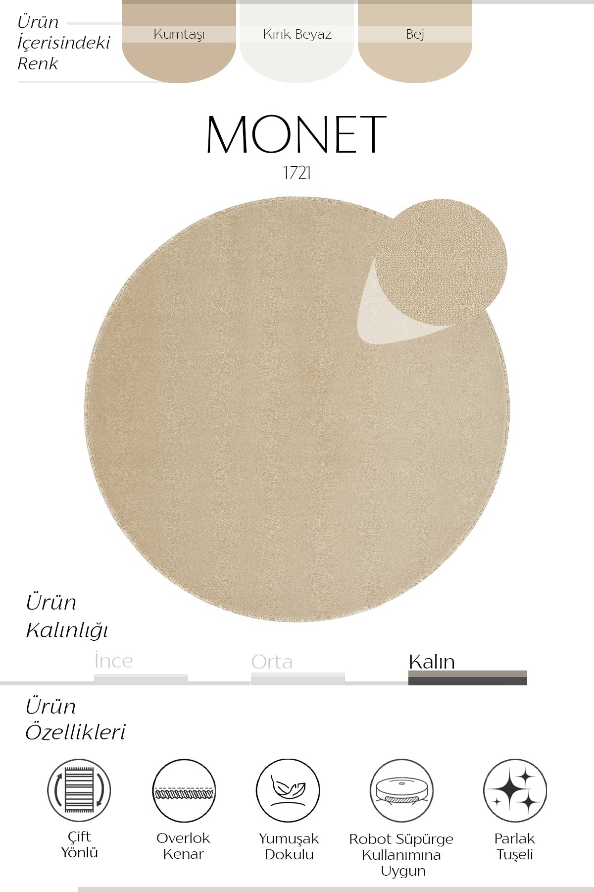 Sisalart Monet 1721 Bej Sade Yuvarlak Halı ikinci görsel