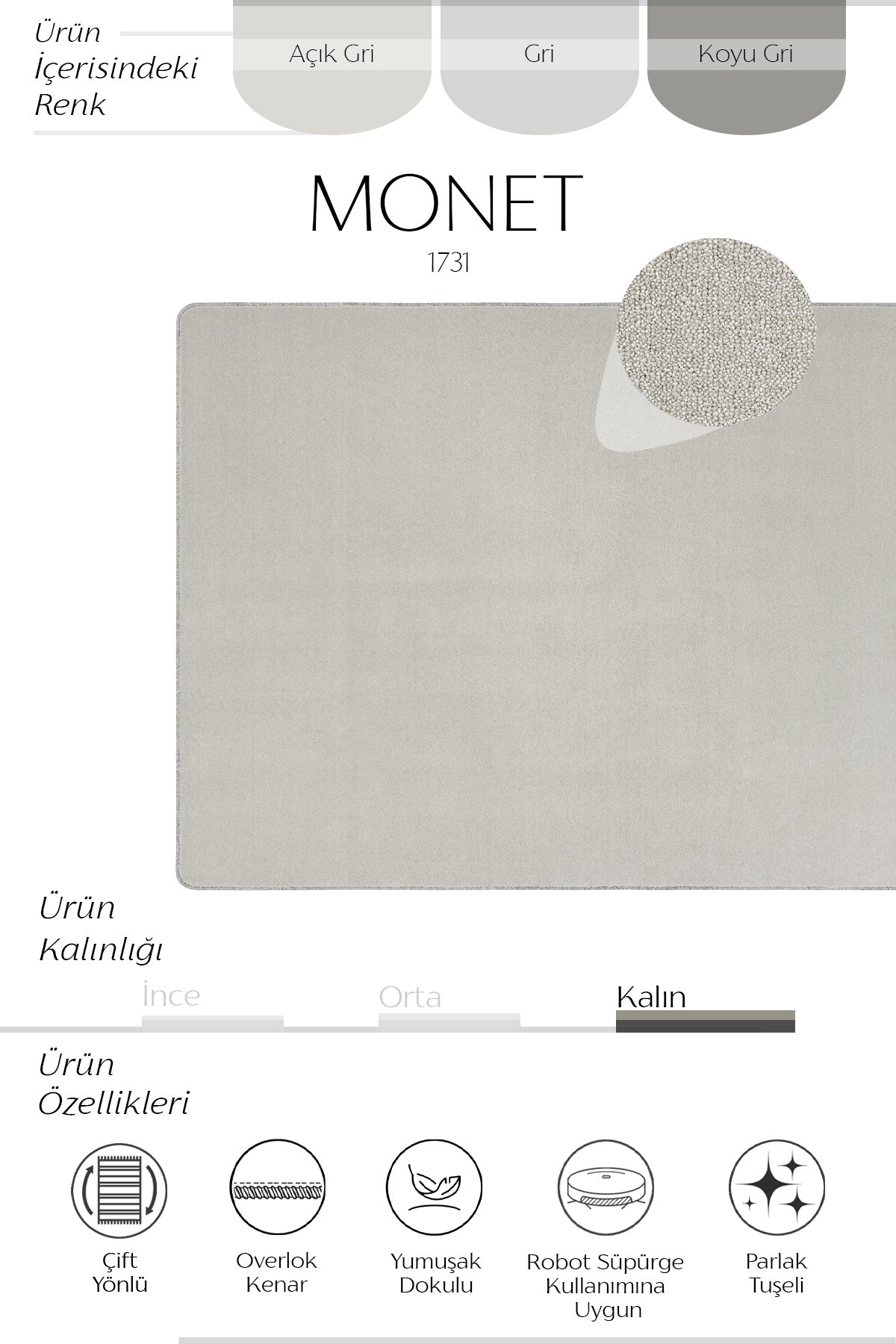Sisalart Monet 1731 Gri Sade Halı ikinci görsel