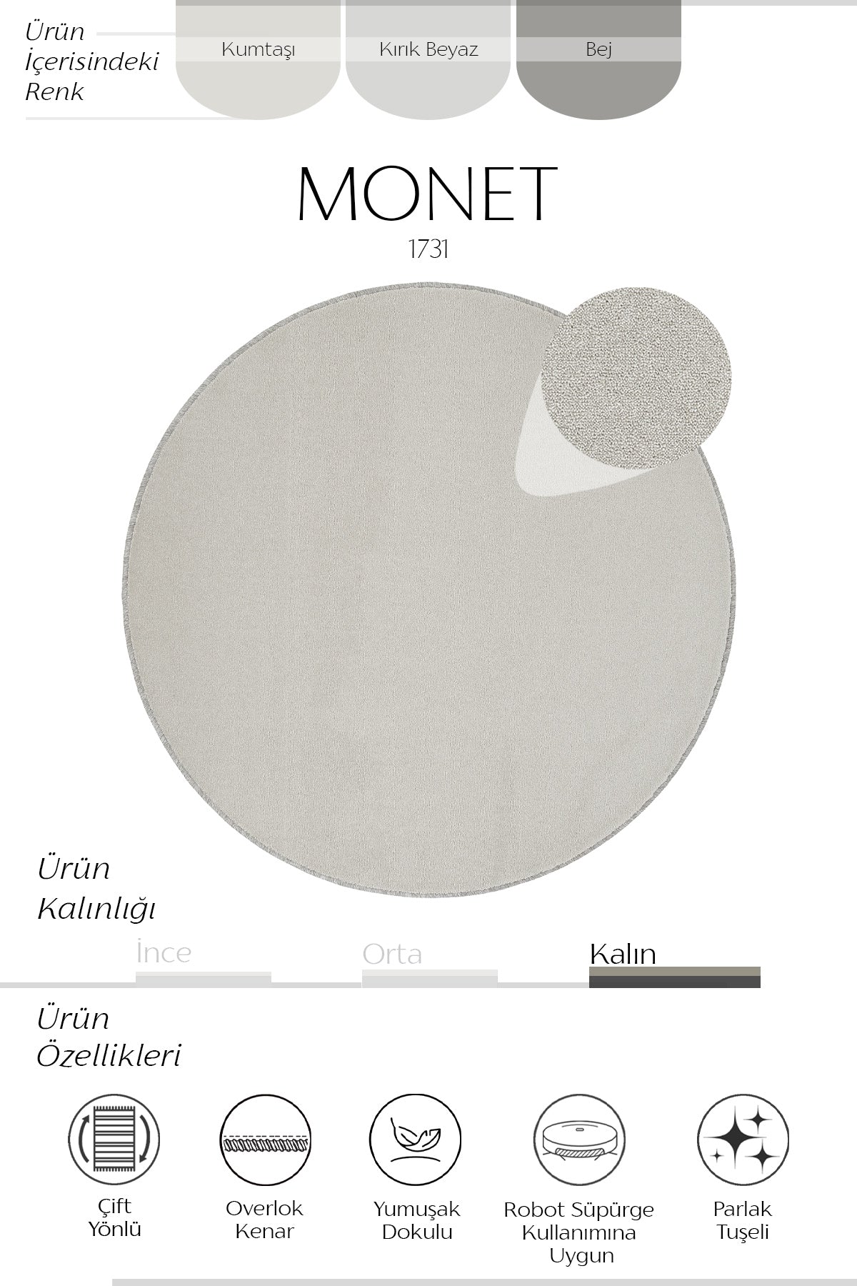 Sisalart Monet 1731 Gri Sade Yuvarlak Halı ikinci görsel