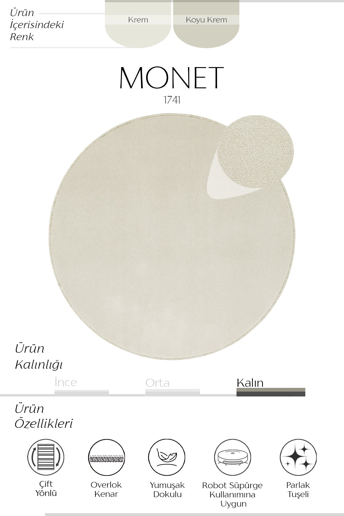 Sisalart Monet 1741 Krem Sade Yuvarlak Halı ikinci görsel