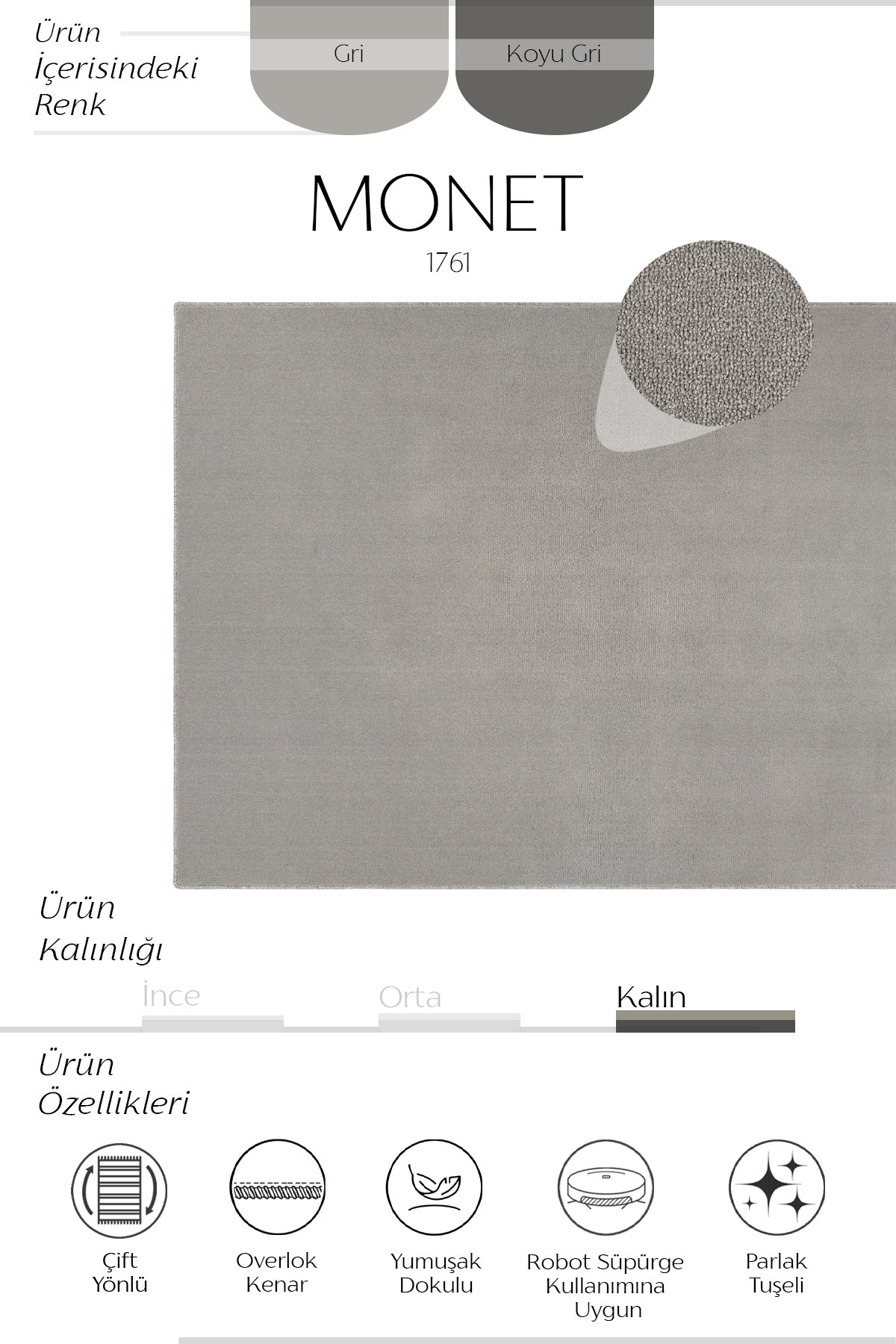 Sisalart Monet 1761 Koyu Gri Sade Halı ikinci görsel