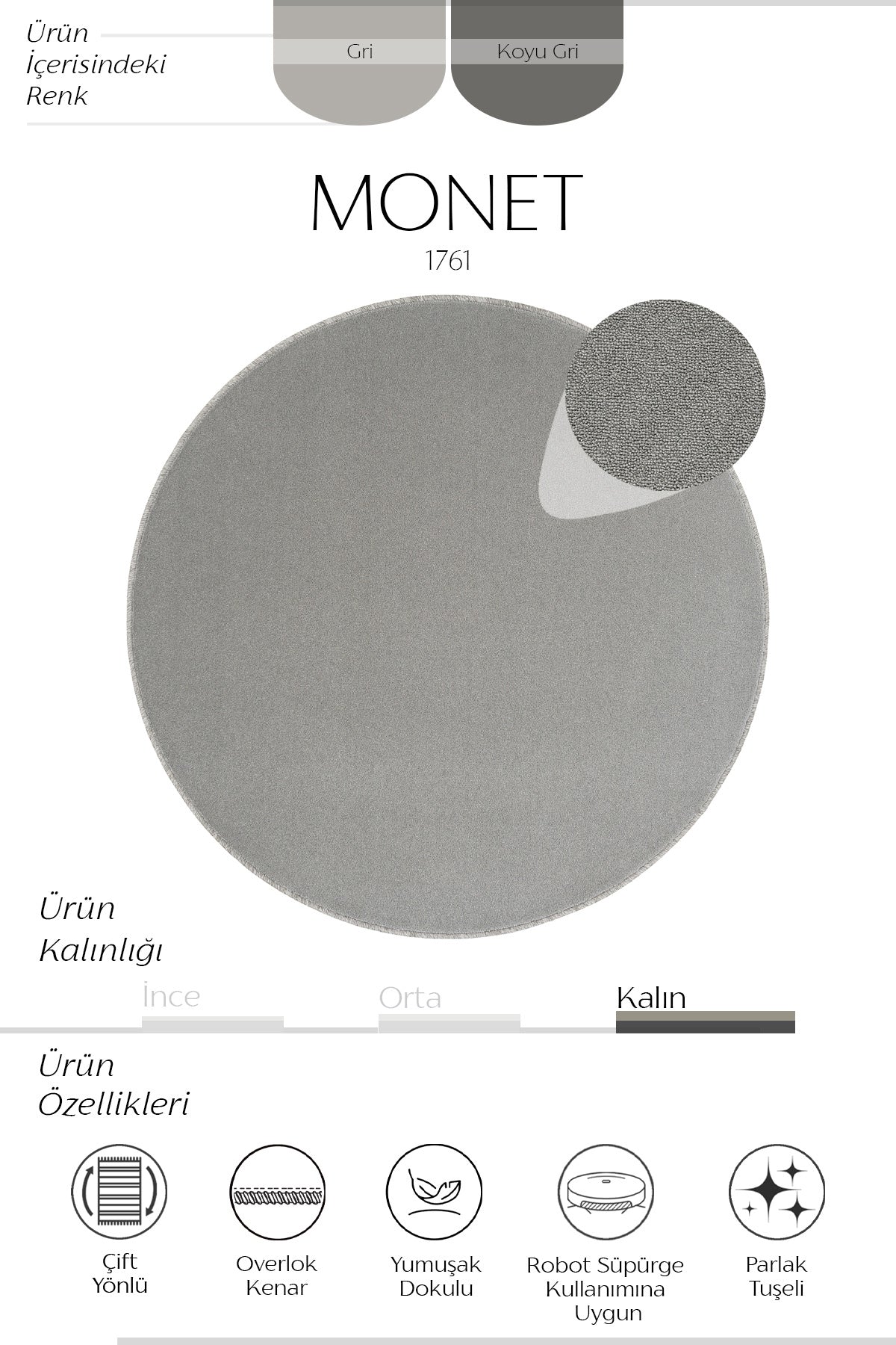 Sisalart Monet 1761 Koyu Gri Sade Yuvarlak Halı ikinci görsel