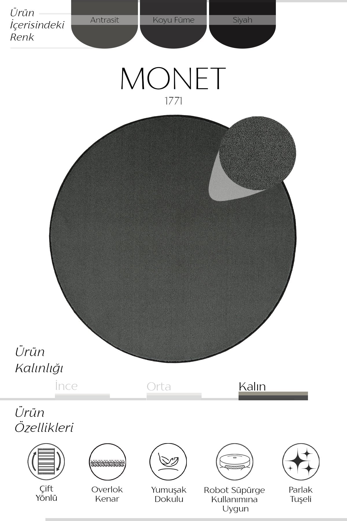 Sisalart Monet 1771 Antrasit Gri Sade Yuvarlak Halı ikinci görsel