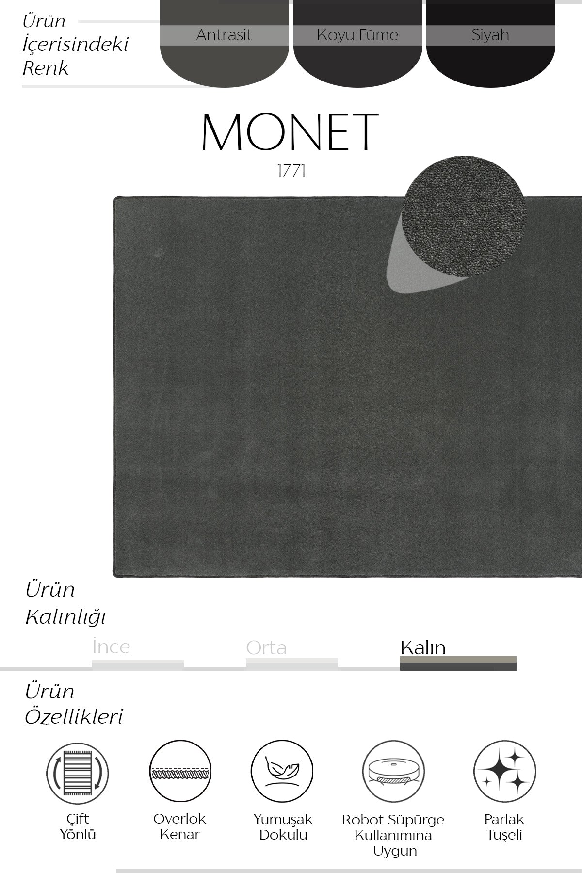 Sisalart Monet 1771 Antrasit Sade Halı ikinci görsel