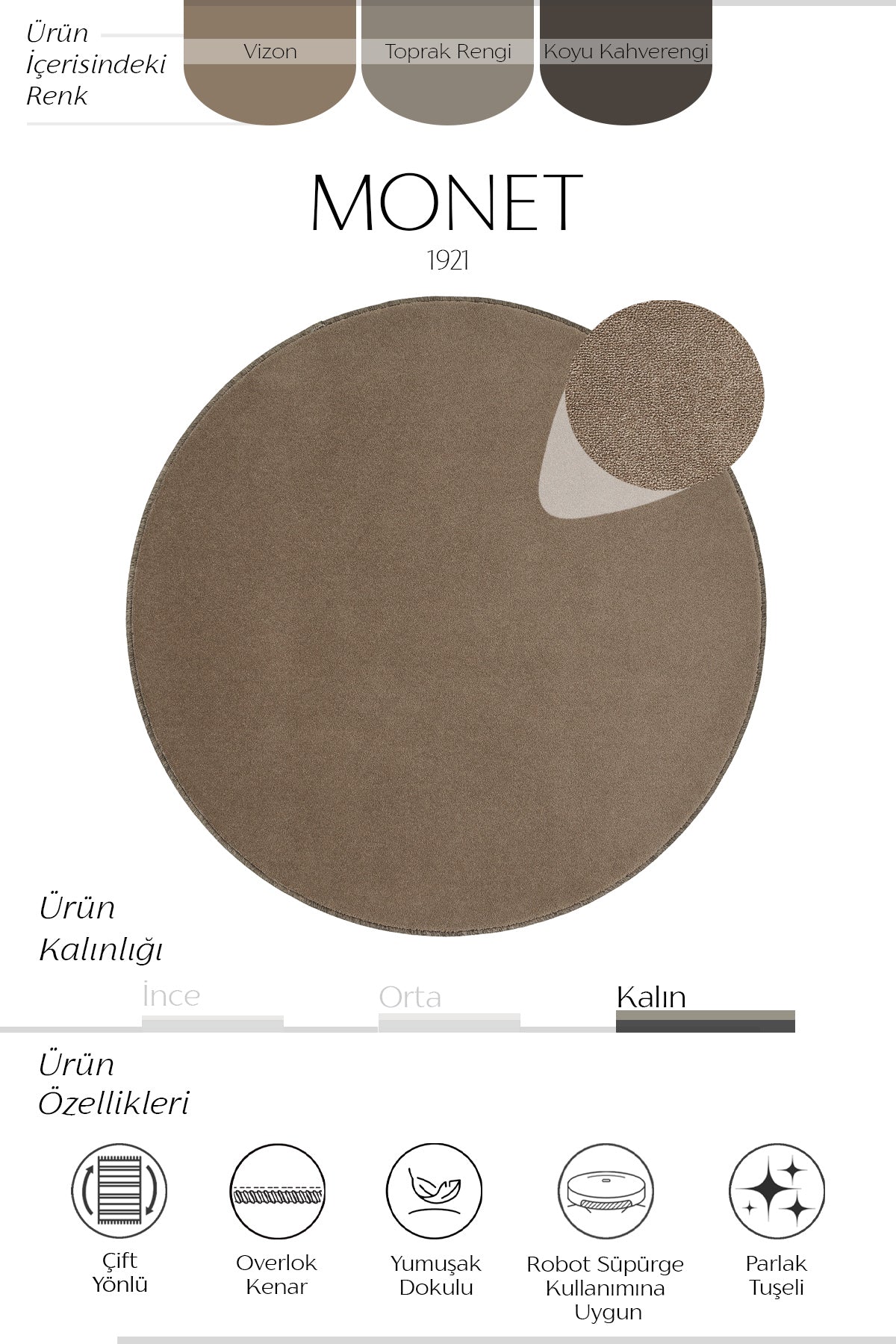 Sisalart Monet 1921 Kahverengi Sade Yuvarlak Halı ikinci görsel