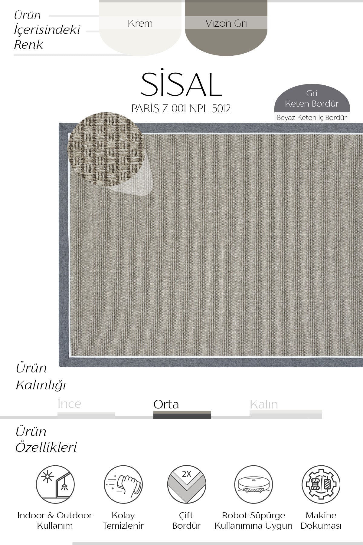 Sisalart Paris Keten Napoli Çift Bordür Sisal Halı ikinci görsel