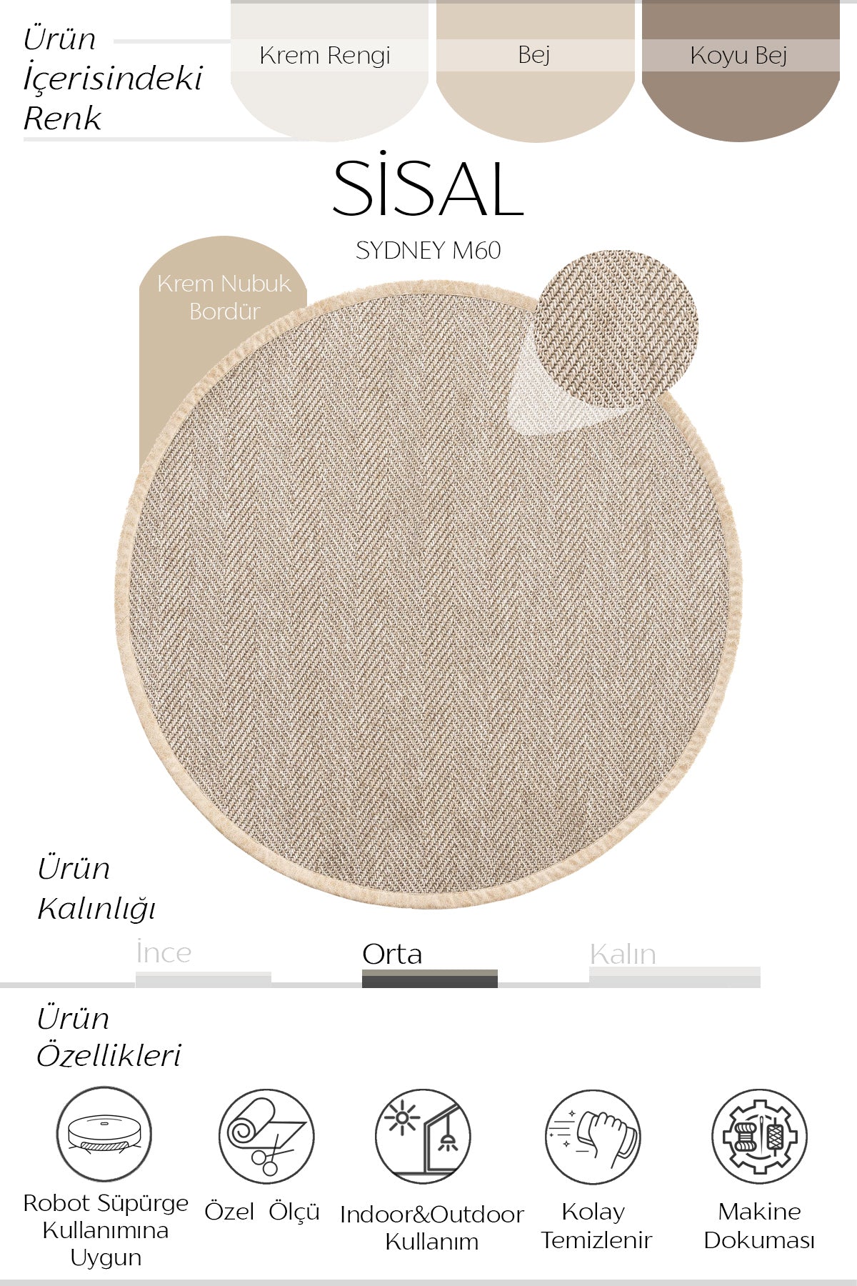 Sydney Deri Bordür Yuvarlak Sisal Halı | Sisalart ikinci görsel