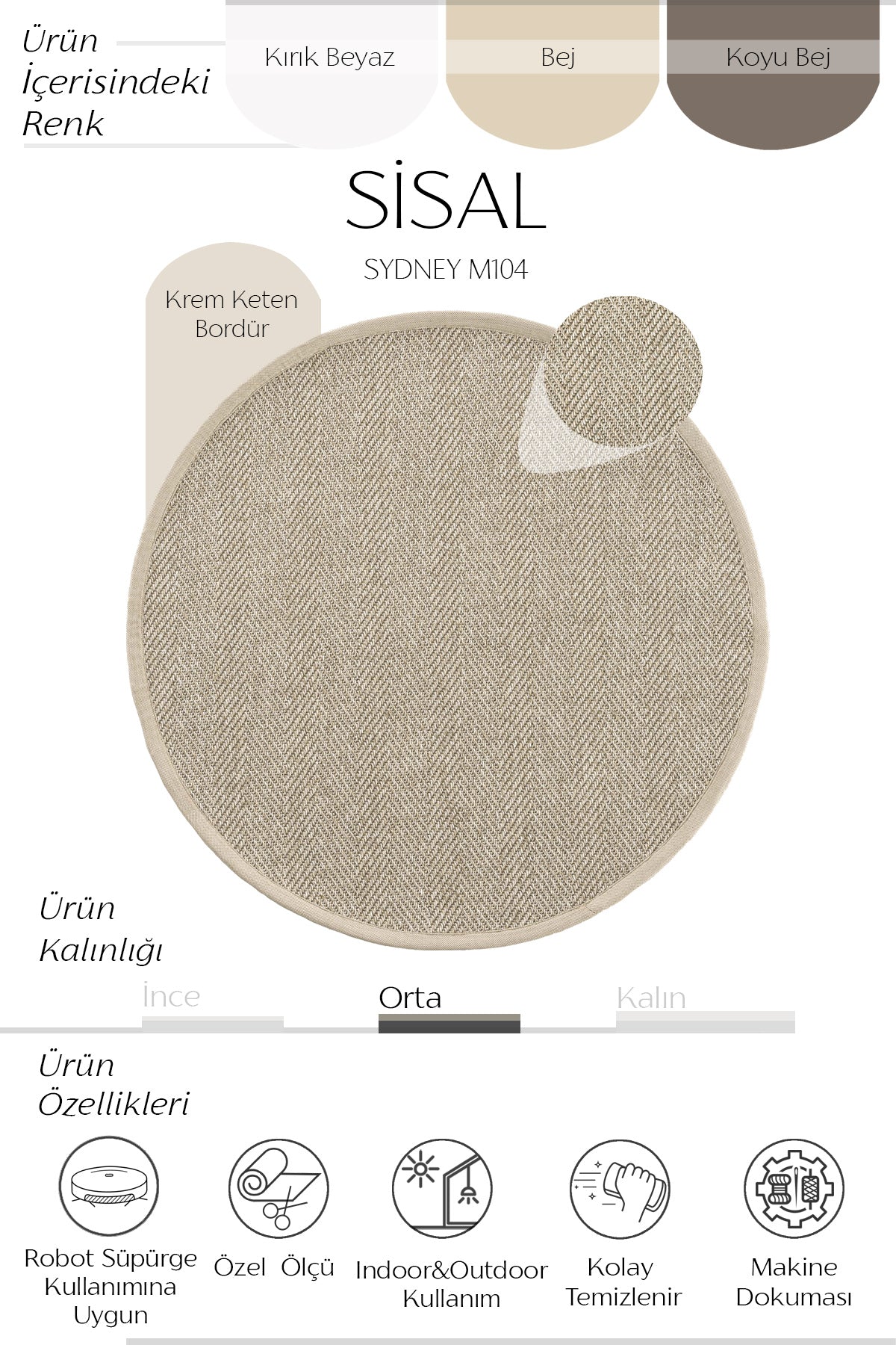 Sydney Keten Bordür Yuvarlak Sisal Halı | Sisalart ikinci görsel