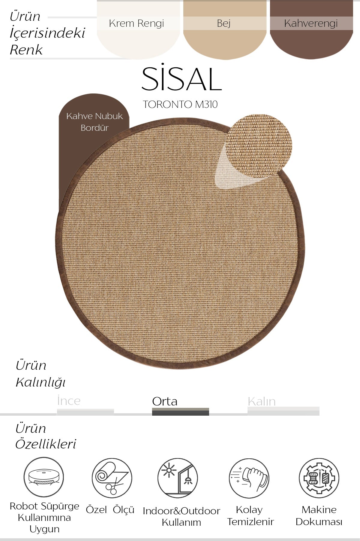 Toronto Deri Bordürlü Yuvarlak Sisal Halı | Sisalart ikinci görsel